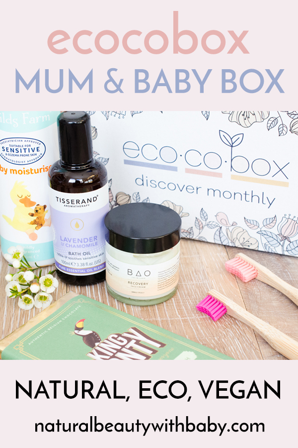 My review of ecocobox, the first subscription box for mum, baby and planet. This natural, eco, and vegan box is perfect for health and earth conscious mamas! Click through for my exclusive discount code! #subscriptionbox #beautybox #naturalbeautybox