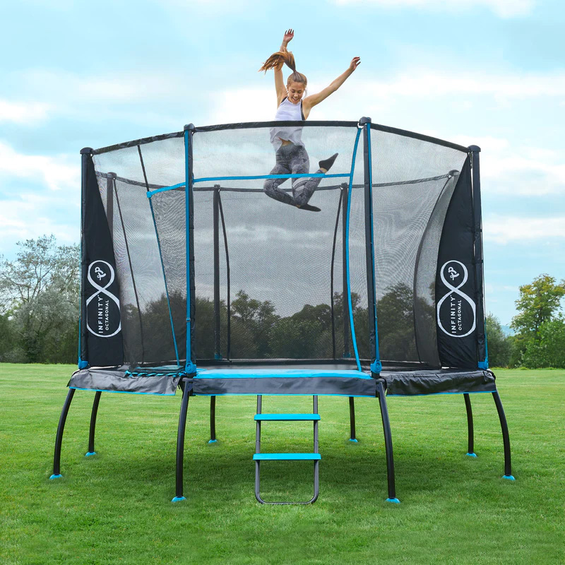 Play is essential. Shows girl on trampoline.