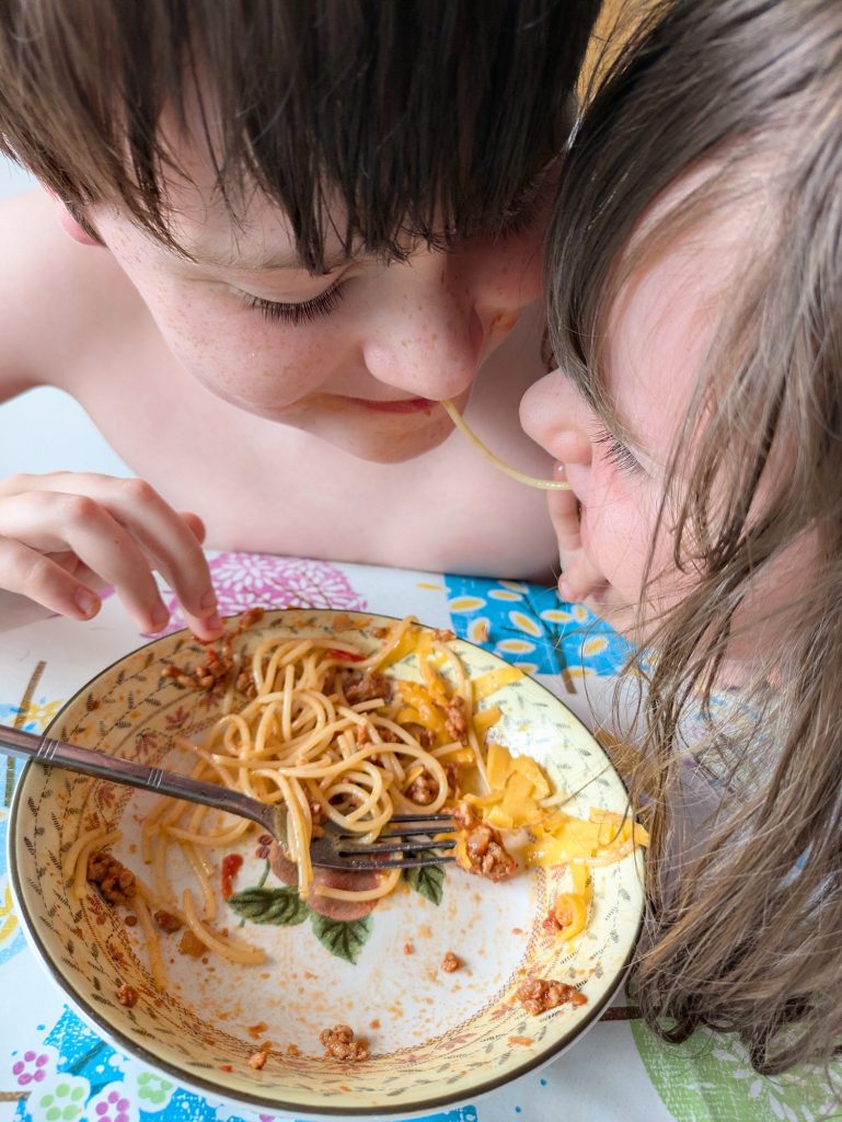 Scoffing pasta with Jonah