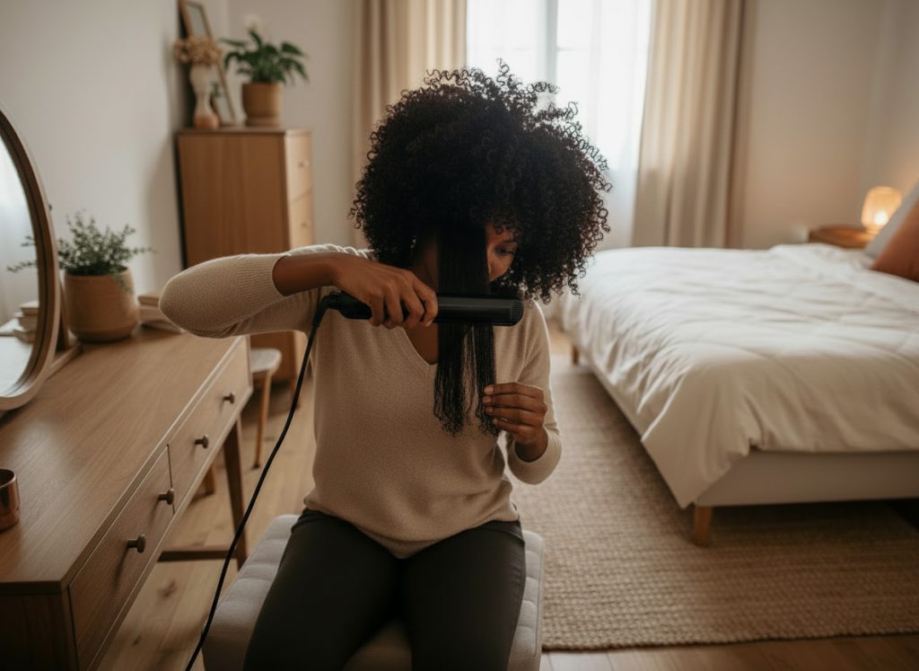 Lady with 4C hair is straightening her locks.