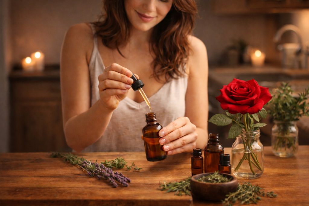 A woman blending essential oils in the kitchen
