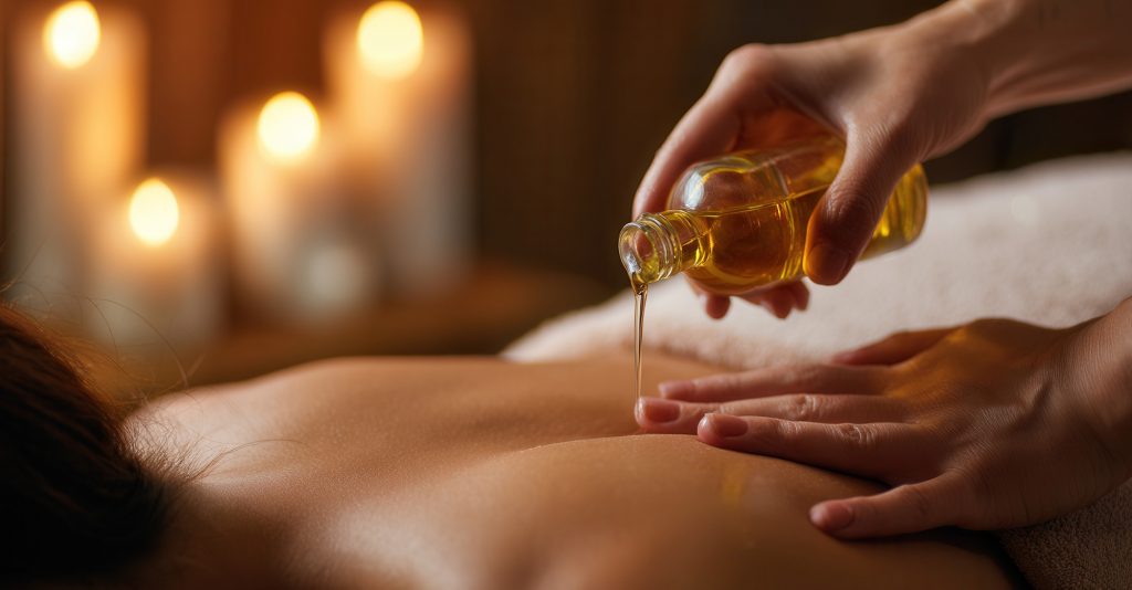Pouring oil onto the back in a sensual massage
