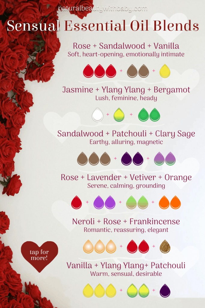 Try these sensual essential oil blends for Valentine's Day! Sexy essential oil blends for body oils, massage, perfumery, and bathing. Aphrodisiac and sensual essential oil recipes to try at home with your partner.