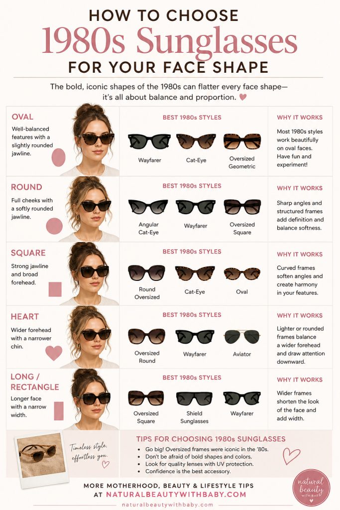 How to choose 1980s sunglasses for your face shape. Which styles work best for oval, round, square, heart and long/rectangle faces?