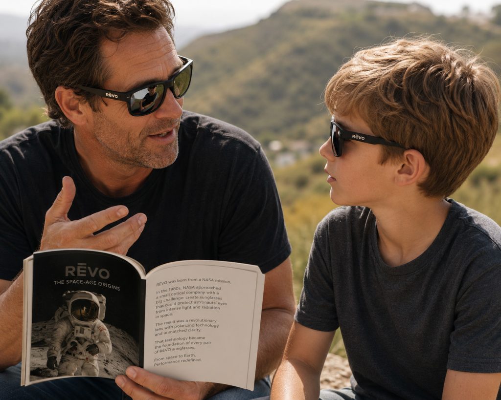Dad tells his son about Revo sunglasses