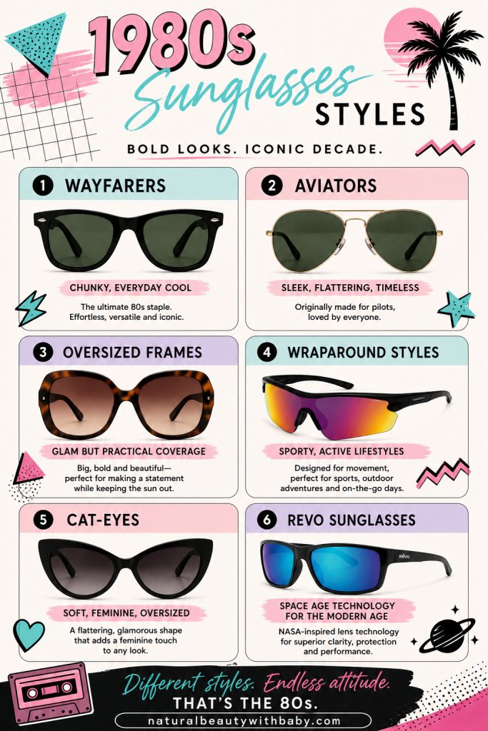 1980s sunglasses styles including aviators, wayfarers, oversized frames, wraparound styles, cat-eyes, and Revo sunglasses.